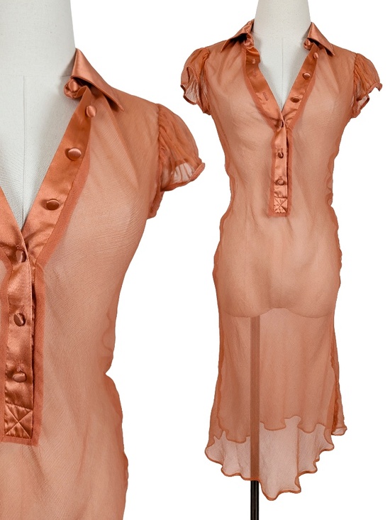 Vintage Dresses & Skirts - Vintage Silk See-through Coral Dress Mini Size Small Orange